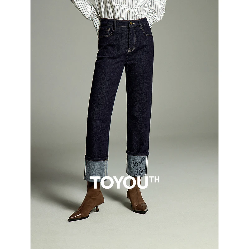

Toyouth Women Plush Jeans 2023 Winter High Waist Straight Wide-leg Trousers Cuffed Hem Design Embroidery Fashion Denim Pants