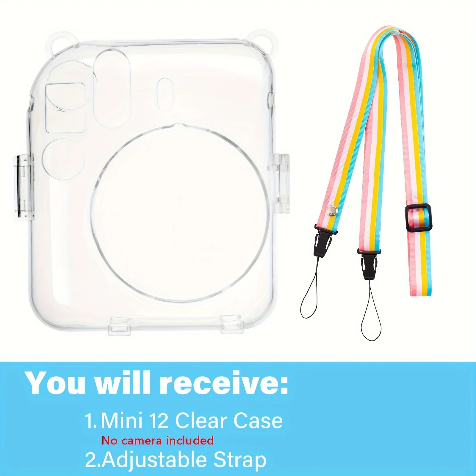 1 camera case hard for instax Mini 12 camera-PC case with rainbow strap (camera not included)