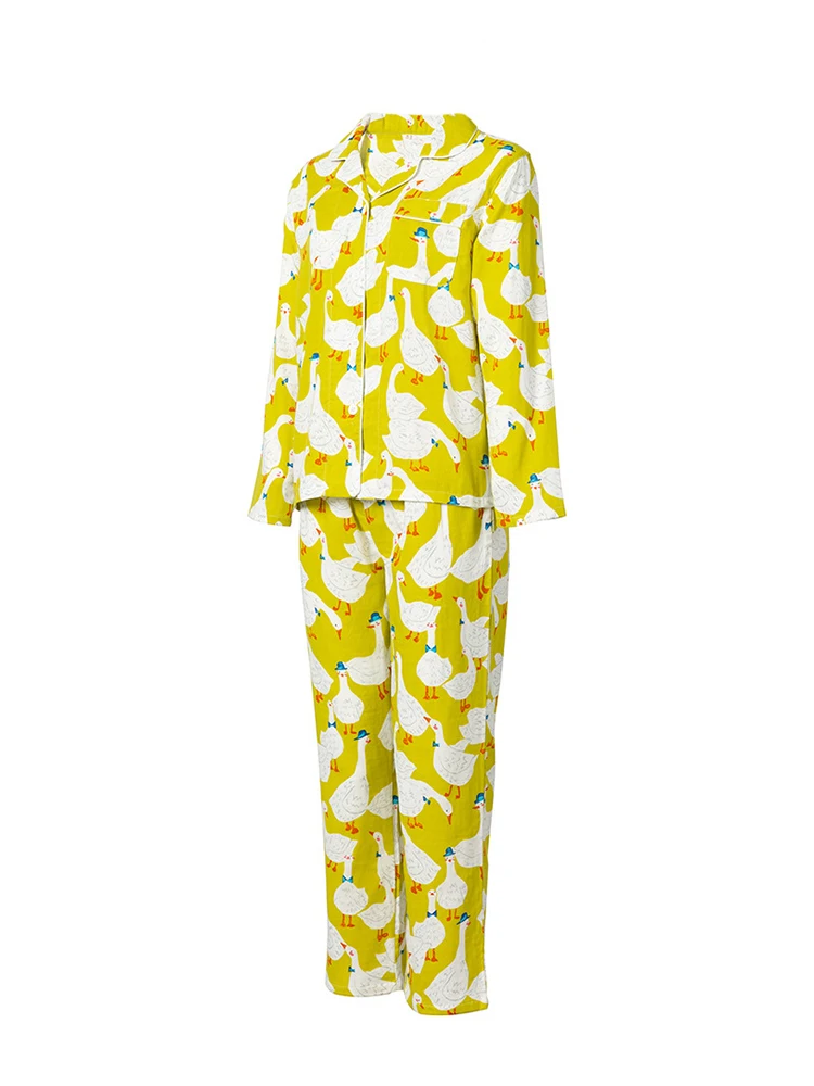 Spring Cotton Women's Pajama Set Cartoon Goose Print Two Piece Long Sleeve Tops Elastic Waist Pants Loose Lounge 1906