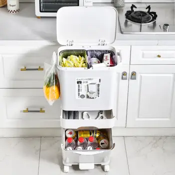 Garbage Classification 42L 3Layers Plastic Trash Bin Home Kitchen Garbage Classification Can with Wheels Garbage Storage 1