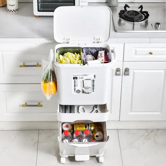Garbage Classification 42L 3Layers Plastic Trash Bin Home Kitchen Garbage Classification Can with Wheels Garbage Storage 1