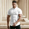 Men's Fitness Short-sleeved Lapel Shirts Stretch Thin Solid Color Bodybuilding Tops Casual Cardigan Business Iron-free T-Shirt