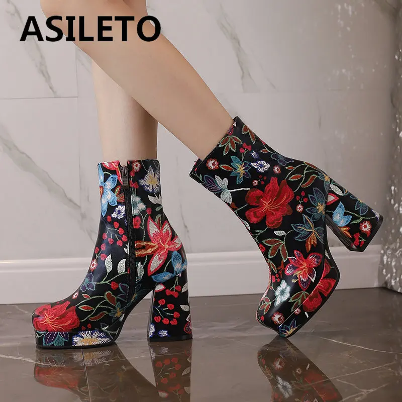 

ASILETO Fashion Women Ankle Boots Square Toe Chunky Heels 8cm Platform 2cm Flower Zipper Plus Size 47 48 Casual Daily Bota 33