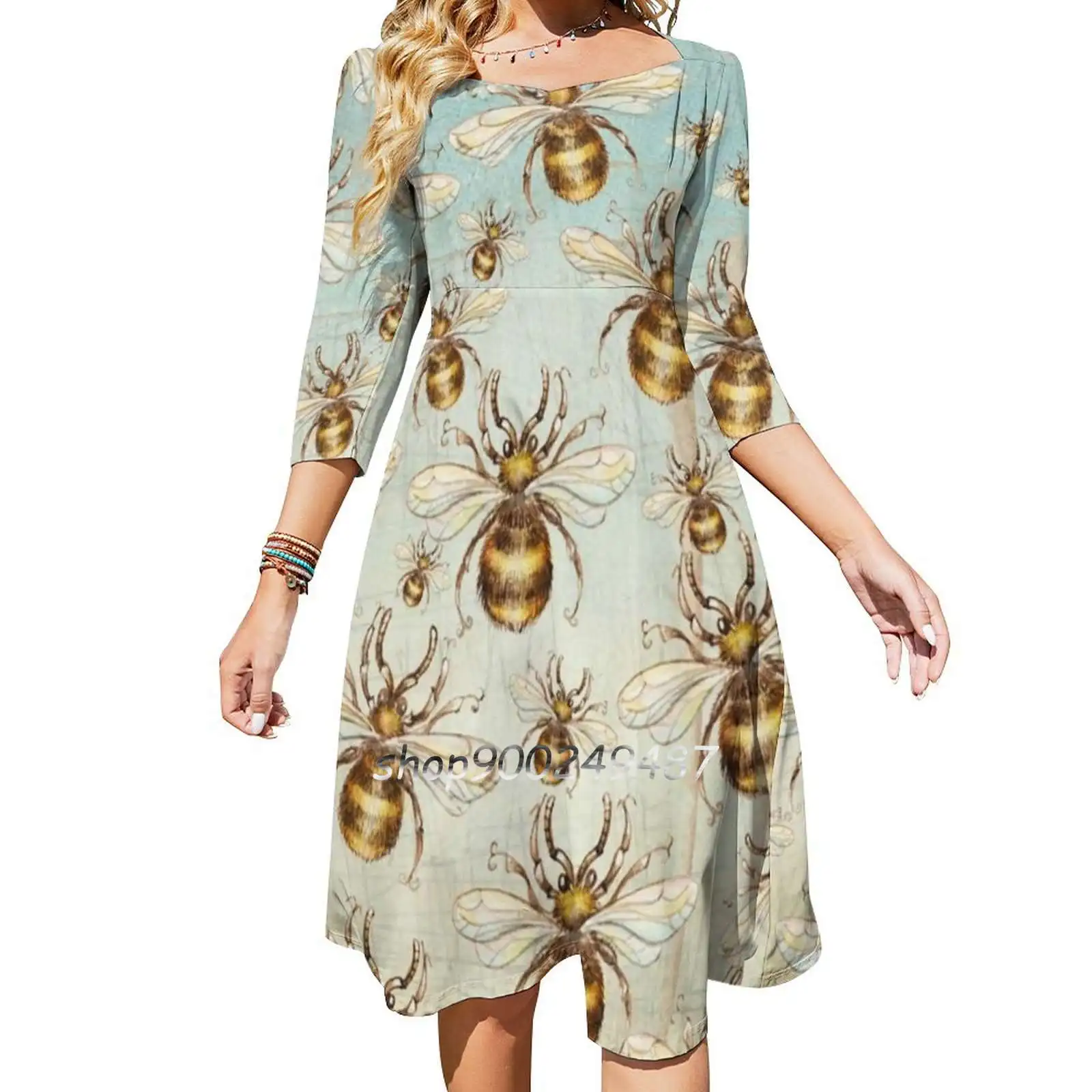 Bees Square Neck Dress Cute Loose Print Dresses Elegant Beach Party Dress Insect Bee Yellow Queen Fly Sky Vintage Grunge