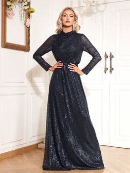 فساتين سهرة فاخرة بالترتر بأكمام طويلة باللون الأزرق وياقة عالية حورية البحر للنساء فستان سهرة رسمي لحفلات الكوكتيل 6