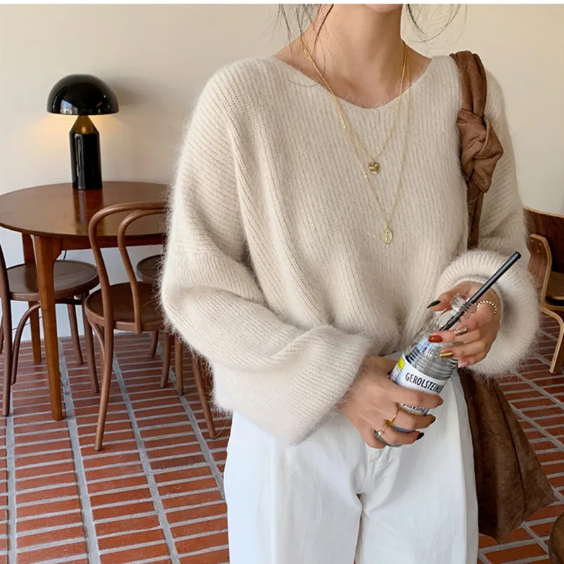 

Casual Mink Cashmere Sweater Elegant V Neck Women Soft Knitted Pullovers Loose Warm Female Autumn Winter Mohair Knitwear T738