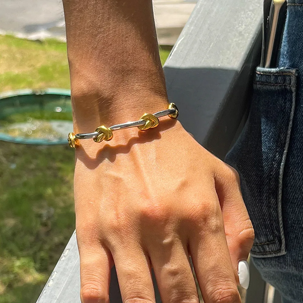 French Style Affordable Luxury Two-tone Knot Bangle Opening Double Metal Waterproof Geometric Bracelet Stainless Steel Jewelry