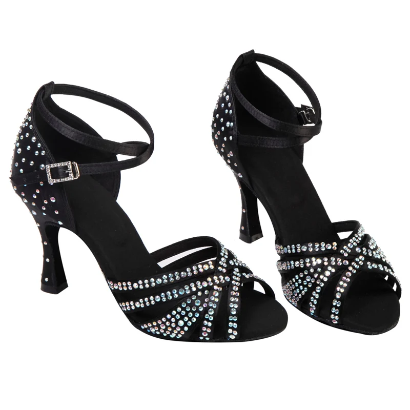 NATASHA Latin Dance Shoes New Diamond Satin Black 9cm High Heel Adult Female Soft Sole Social Dance Cha Rumba Denim Latin Dance