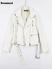 Nerazzurri Spring Autumn Short White Black Soft Faux Leather Biker Jacket Women Long Sleeve Zipper Belt Luxury Cool Outerwear