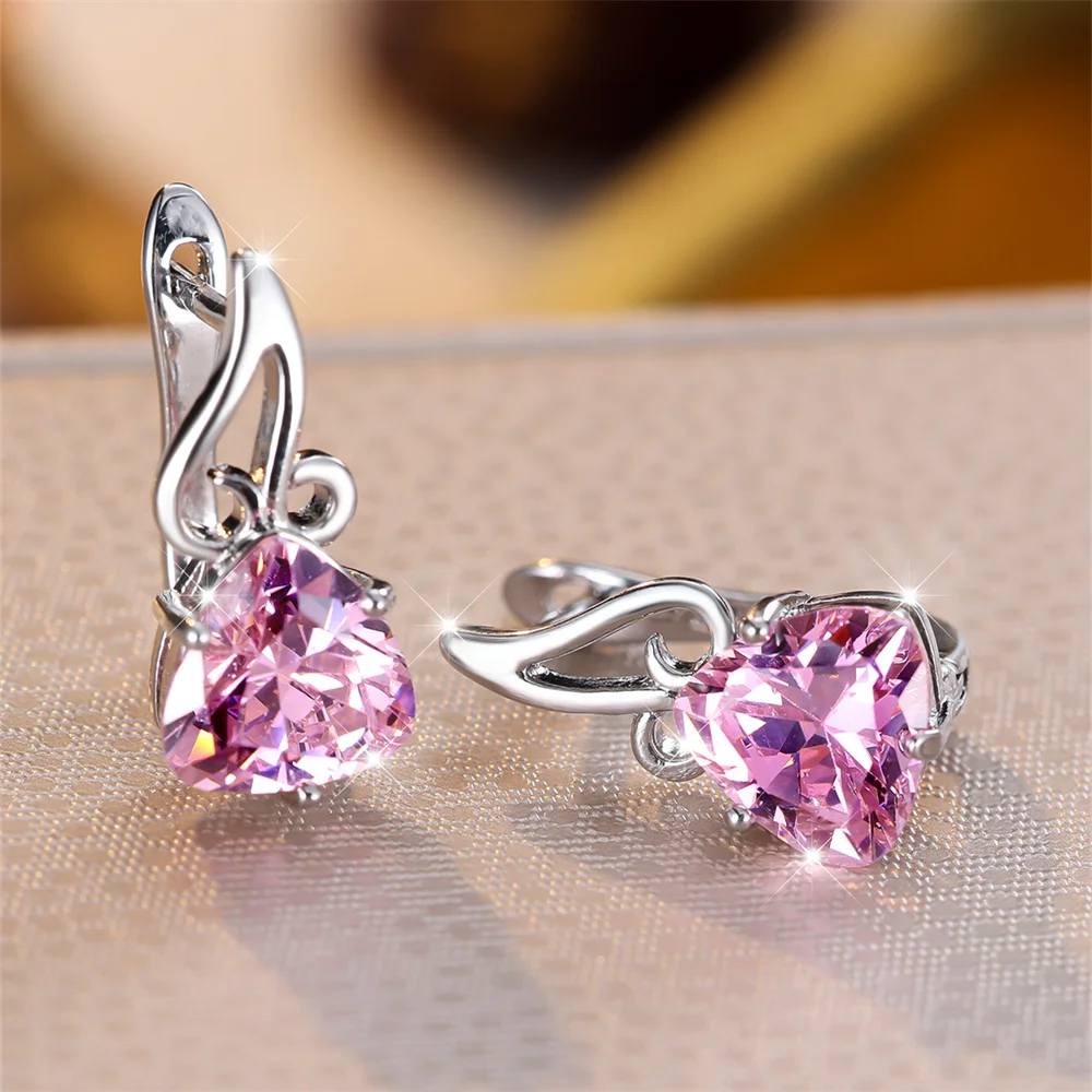 Trendy Pink Zircon Triangle Stone Music Note Hoop Earrings For Women Vintage Silver Color Ear Buckle Wedding Jewelry Party Gifts
