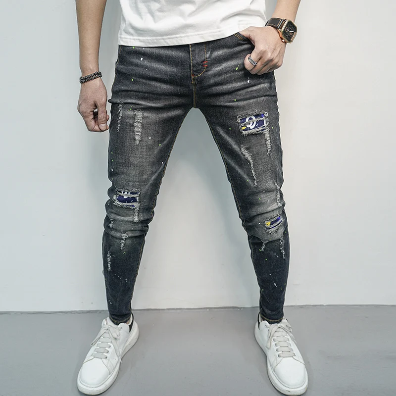 

Men's Street Patch Jeans Elastic Stacked Distressed Perforated Slim Fit Denim Pants Korean Fashion Casual Narrow LegTrousers