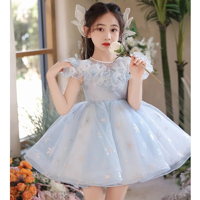 

New children's first birthday princess birthday party dress 2024 bubble sleeve lace mesh fluffy dress communion dinner dress