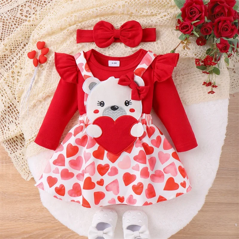 Ma & baby 발렌타인 데이 여아 옷 세트, 롬퍼, 곰 하트 프린트 스커트, 머리띠 의상, 0-18M, D05