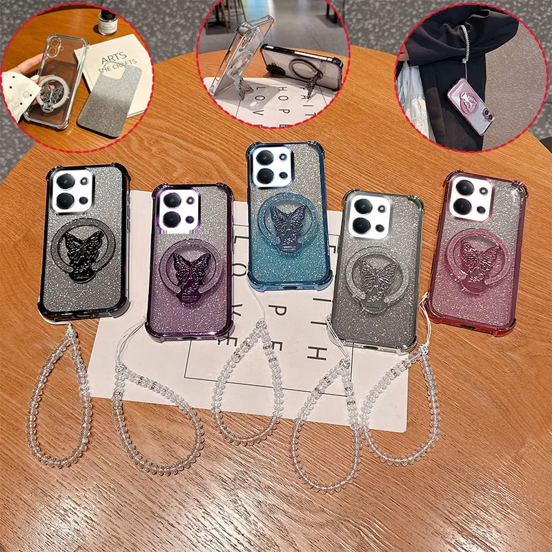 Glitter Butterfly Shockproof Phone Case with Stand and Crystal Lanyard
