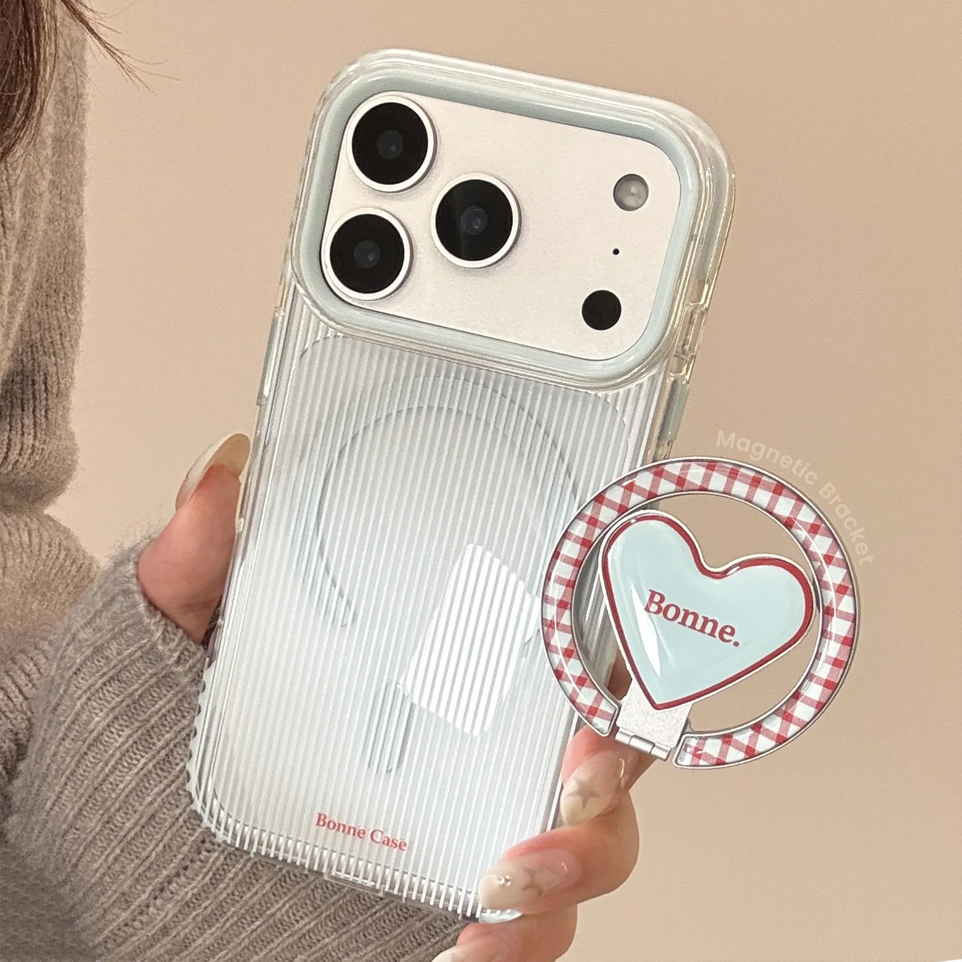 Elegant Striped Plaid Foldable Heart Bracket Magnetic Phone Case, Shockproof Soft Cover