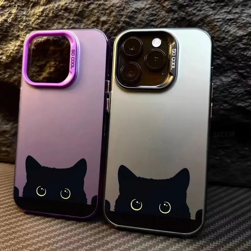 Cute Black Cat Pattern Shockproof Matte Phone Case with Plating Design