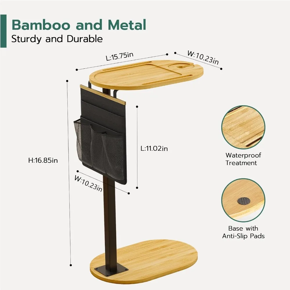 Yufoi Side Adjustable Heights, Bamboo Sofa With Storage Pocket, Liftable Couch Arm Tray Table