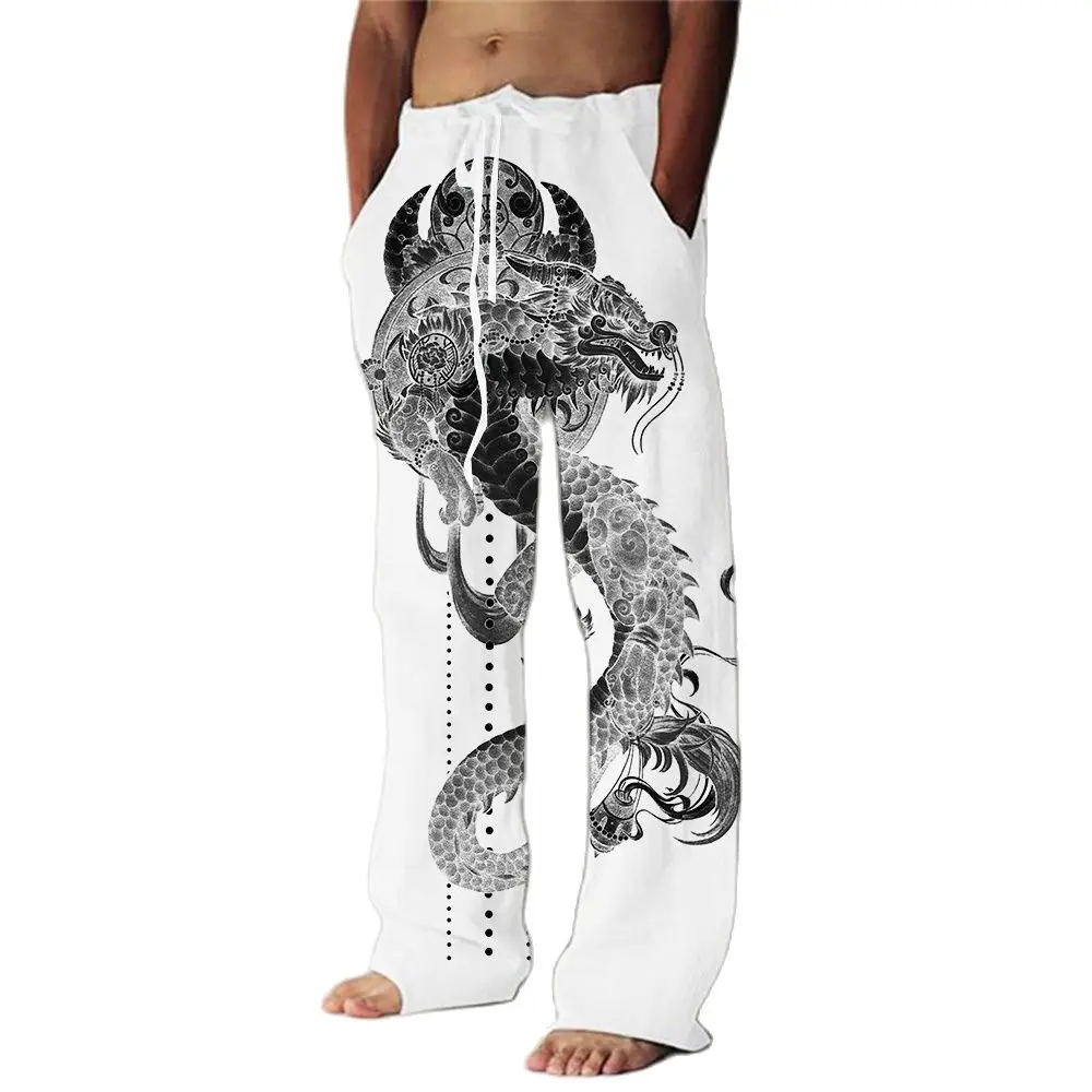 New-Men-s-Cotton-Linen-Pants-Casual-Dragon-Print-Trousers-Pocket ...