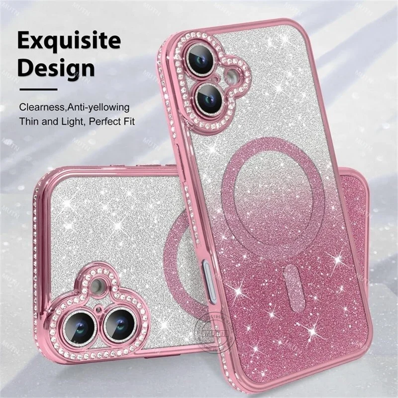 غطاء خلفي مغناطيسي لامع لامع لهاتف آيفون 17 اير 16 برو ماكس 11 12 13 14 15 بلس حافظة ماسية Magsafe للفتيات والنساء