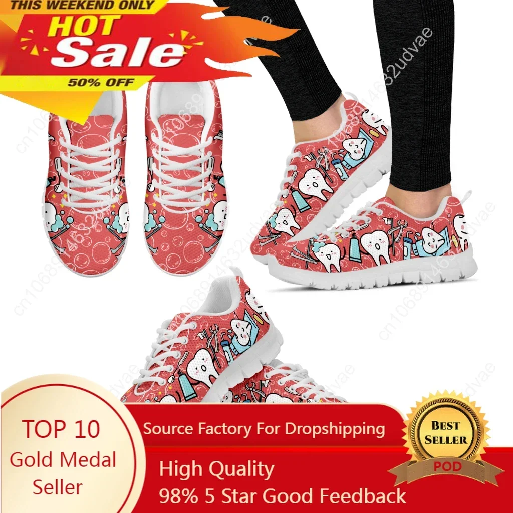Pink Dental Teeth Prints Casual Women Shoes Flats Sneakers Air Mesh Comfortable Ladies Footwer Cartoon Zapatos Mujer