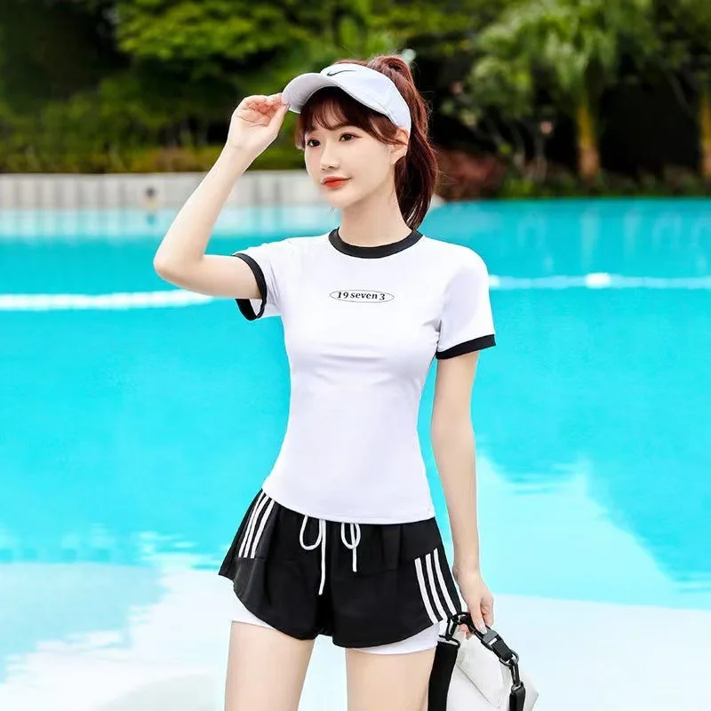Women's Sports Two-piece Swimsuit Set with Short Sleeves and Drawstring Shorts Suitable for Beach Swimming Pool Training - 5