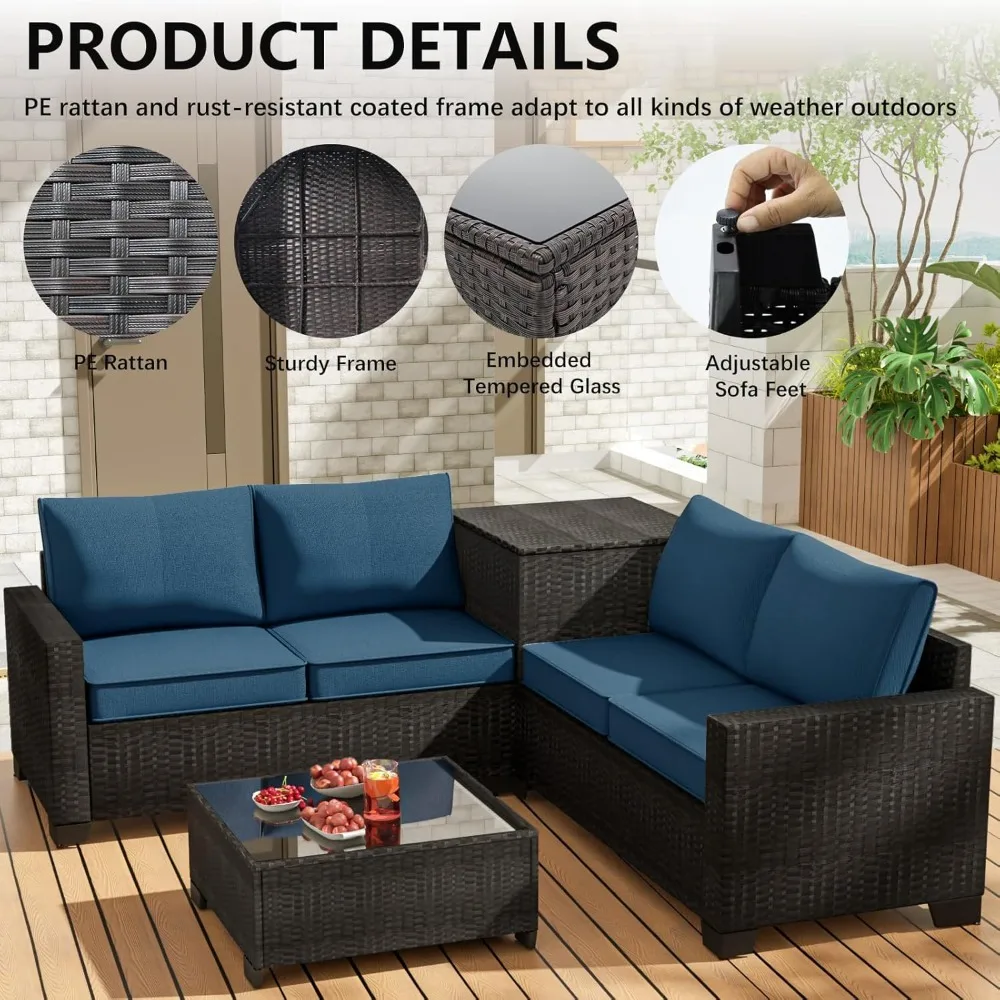 Premium Outdoor Patio Furniture Set with Storage & Glass Table, Patio Conversation Sets with Thick Cushions, 4 Piece Rattan