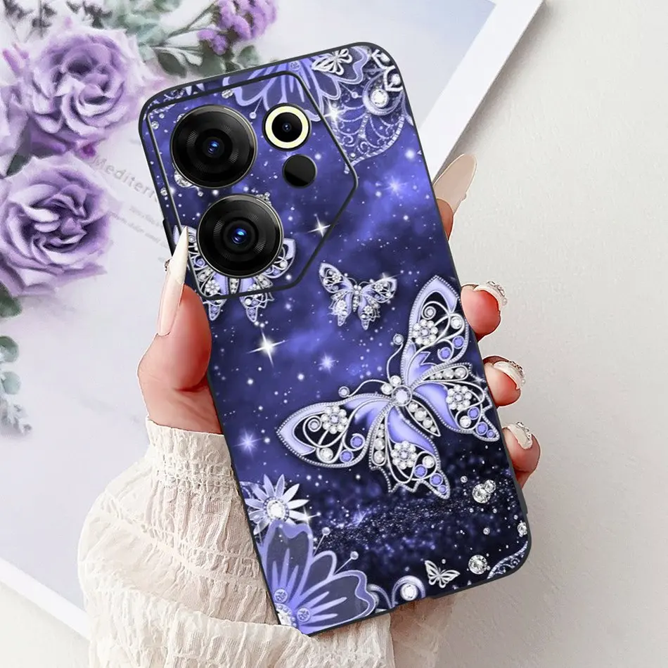 Tecno Camon 20 Premier Elegant Floral Cat Design Black Silicone Phone Case