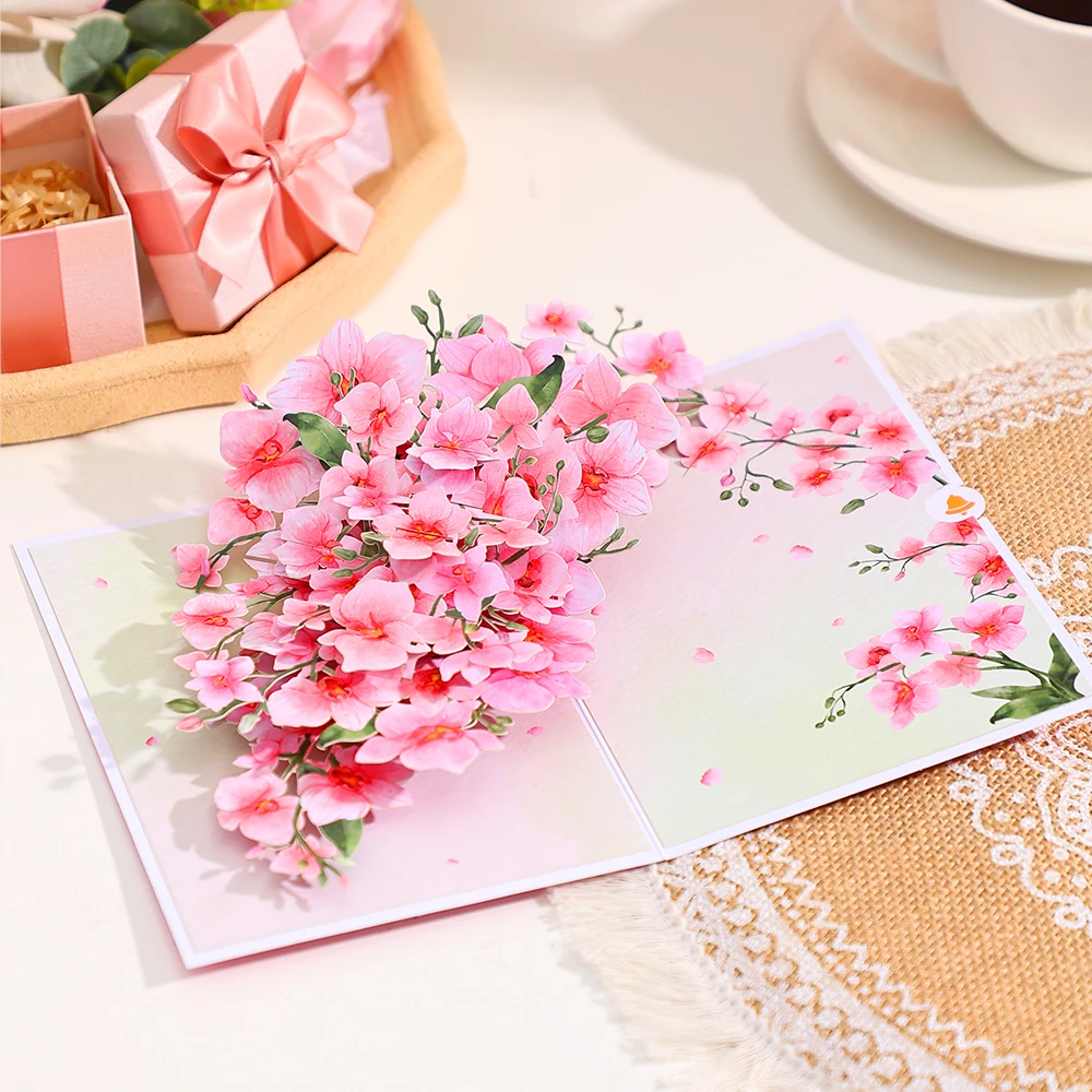 Phalaenopsis Blossom Pop Up Greeting Cards Creative Pink Flowers Decor Mothers Day Valentines Day Gifts With Envelope
