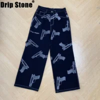2025 Y2K American High Street Glock Pistol Pattern Retro Printed Jeans Fashion Classic Twill Cotton Pants Men's Jeans 1