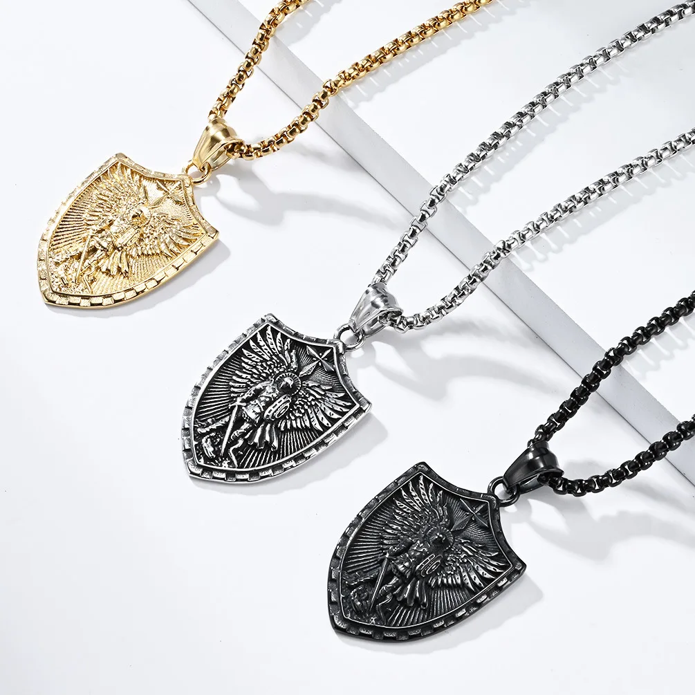 PSJ Fashion Jewelry Accessories Vintage Archangel Shield Pendant Titanium Stainless Steel Necklaces for Men