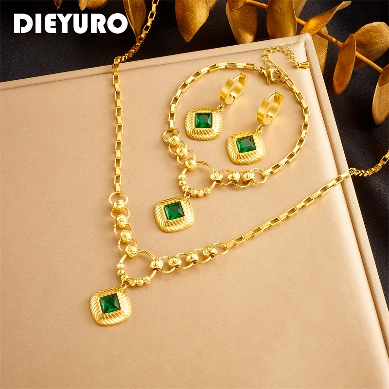 DIEYURO 316L, нержавеющая сталь, геометрический зеленый циркон, ожерелье, браслет, серьги для женщин и девушек, новый дизайн, подарок, модный набор ювелирных изделий