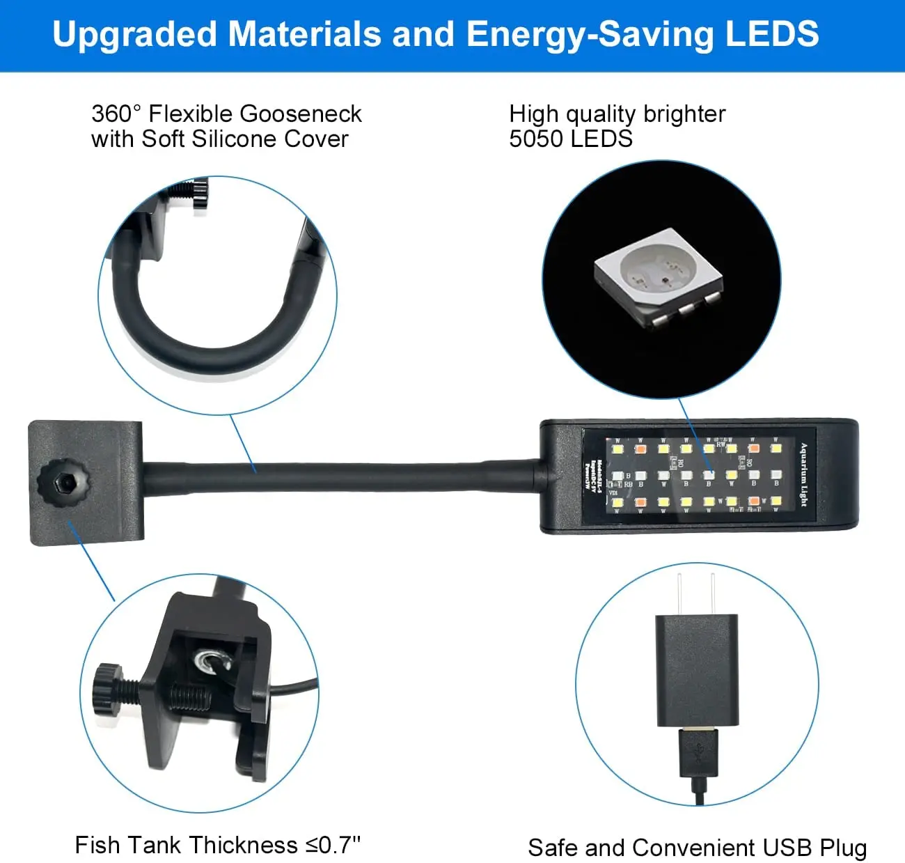 Four Colors full spectrum Aquarium LED Clip-on Light Adjustment with Timer Dimmer IP 67 Waterproof for Aquarium Light Aquarium Lamp Fish Tank Light Plant