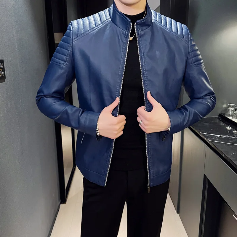 Motorcycle Leather Jacket Men Autumn and Winter Version Trendy Slim Fit Ruffian and Handsome Standing Collar Leather Jacket