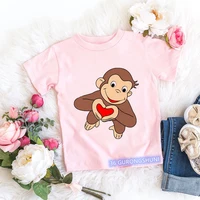 2024 Kawaii Curious George T-shirt Cartoon Graphic Print Monkey T Shirt Summer Tees Girls Tshirts Pink Short Sleeved Tops 1