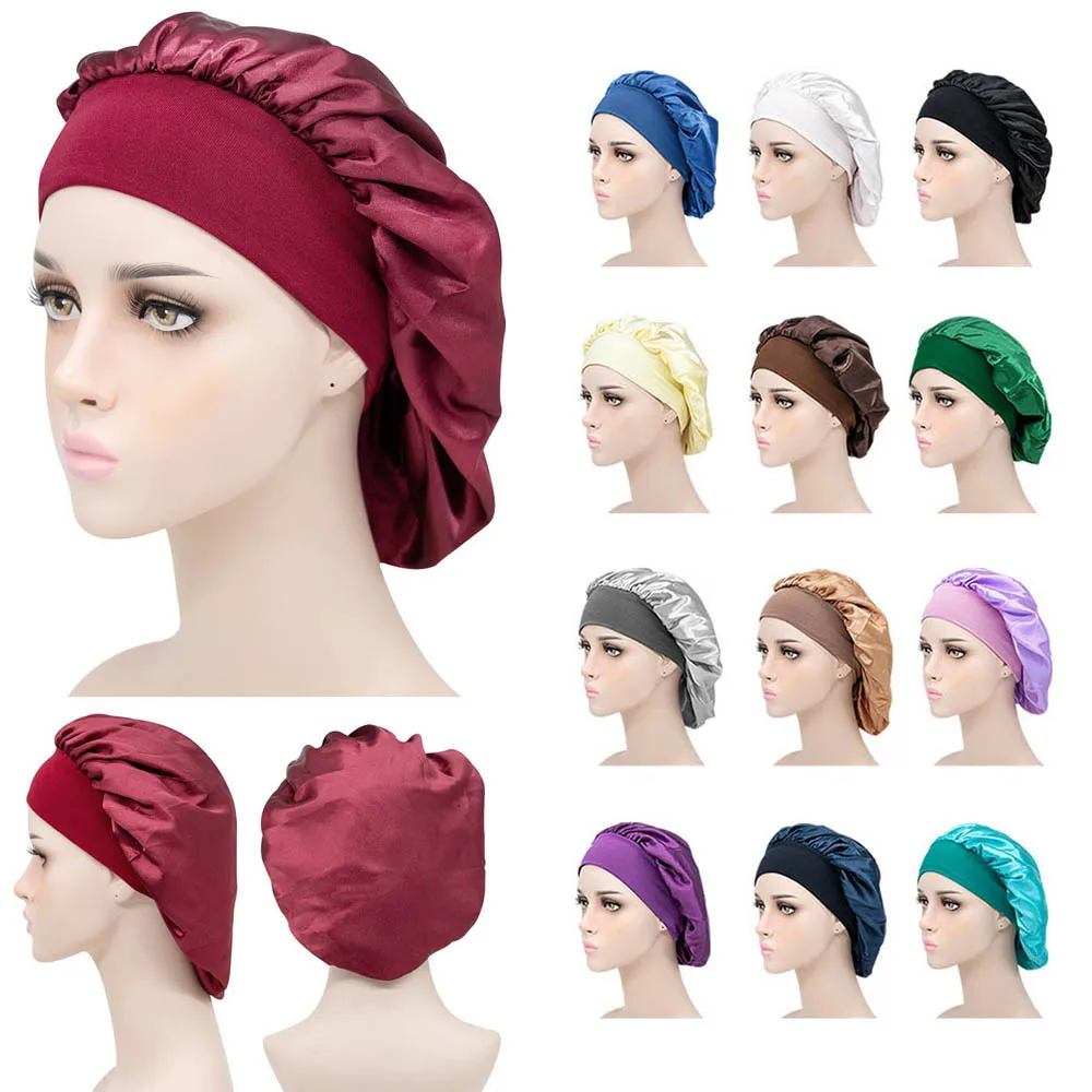 

Wide Elastic Lady Bath Silk Hair Care Nightcap Sleeping Hat Hair Cap Shower Caps Satin Bonnet