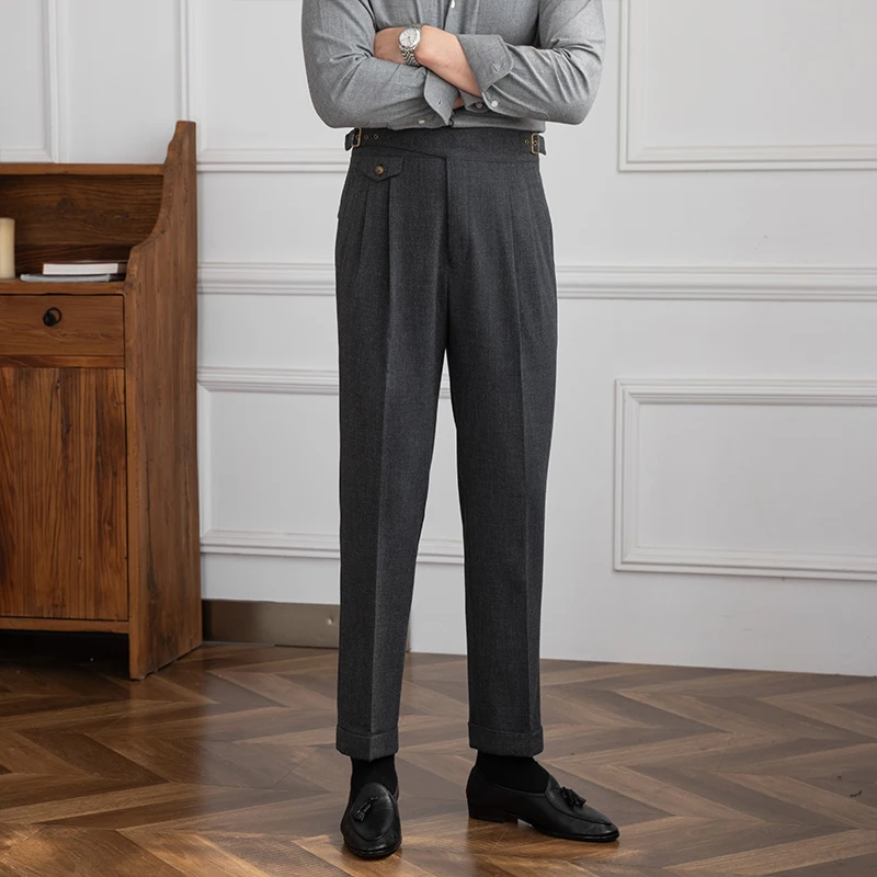 Mr. Deer San Early Autumn Gurkha High Waist Straight Pants Retro Petty High Texture Double Pleated Casual Pants Trendy Men 4