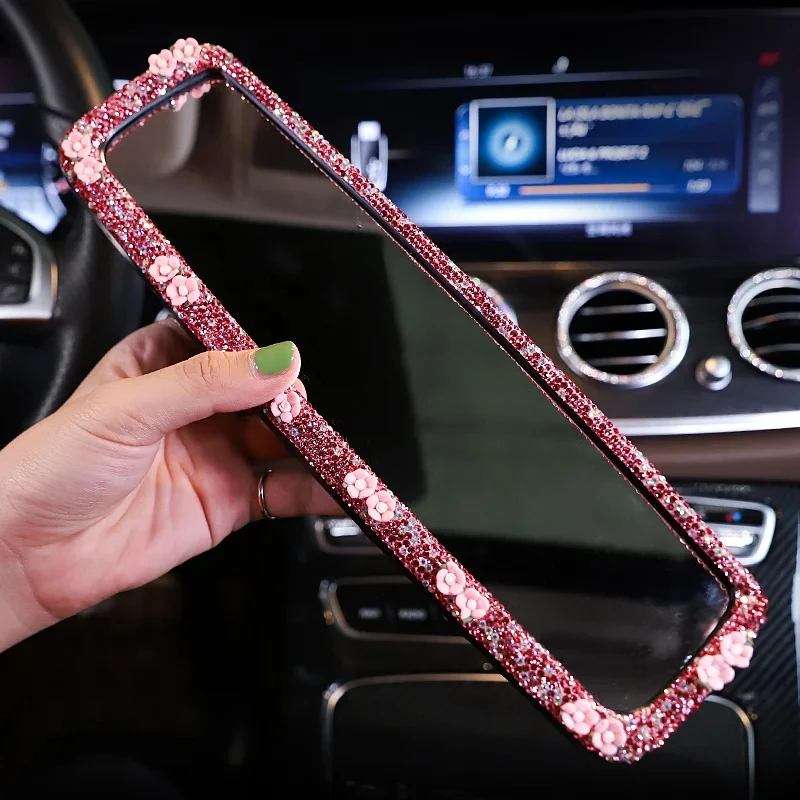 Bling Rhinestone Car Rear View Mirror with Flowers Decor Crystal Diamond Rearview Mirror Covers Auto Bling Accessories for Women