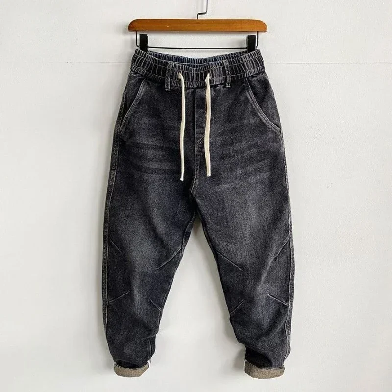 thumbnail image 1 of Pantalones vaqueros para hombre, pantalones harén ajustados, pantalones vaqueros elásticos para hombre, empalmados, estilo coreano original, talla grande, tendencia de moda 2024, tallas XS, 1 of 4