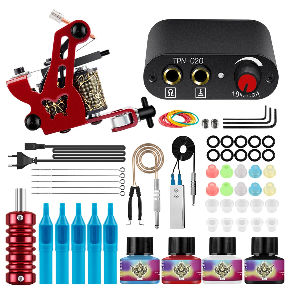 

Beginner Tattoo Machine Kit Tattoo Gun with Power Supply Cartridge Needles Permanent Tattoo Ink Pigment Complete Makeup Tool Kit