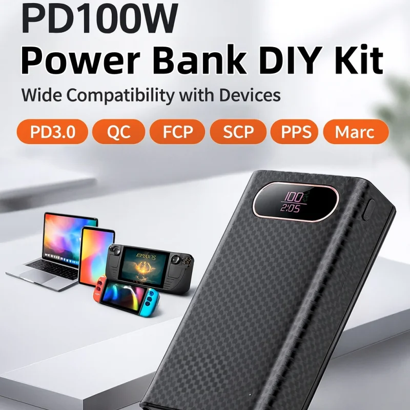 DIY 21700 파워 뱅크 케이스 - 100W PD 고속 충전, 쉘만 포함, 납땜 불필요 & BMS 보호 기능, 여행용 노트북/휴대폰용