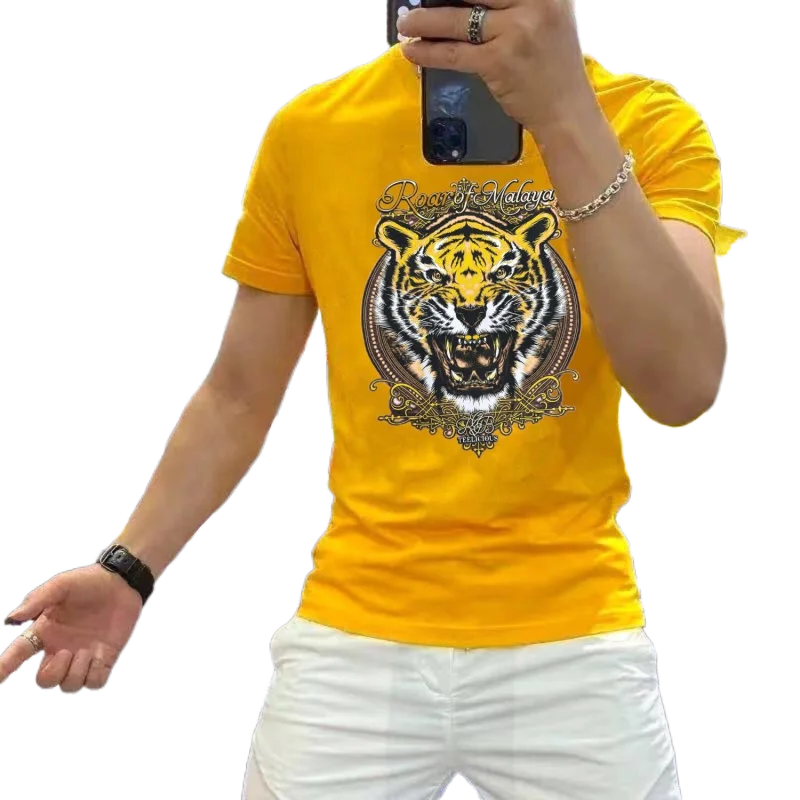 

Men's Clothes Summer Large Size Short-sleeved T-shirt Trendy Brand Loose Tiger Head Print Light Luxury Tops