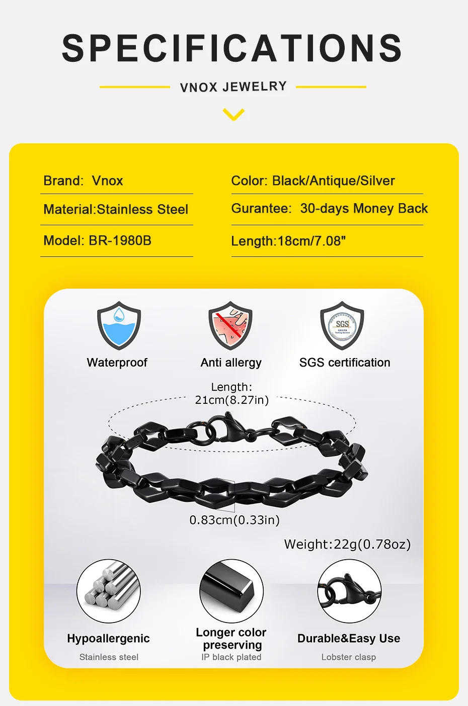 Vnox klobige handgefertigte Gliederkettenarmbänder für Männer, Rhombus Links Armband, Punk Rock Schmuck Geschenk – Detail 5