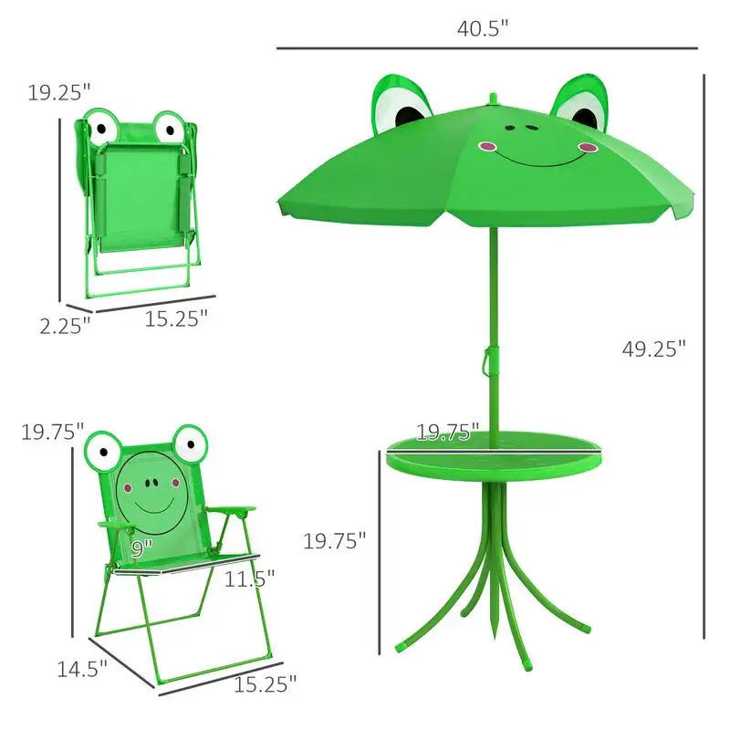 Close up of frog themed kids umbrella and chairs