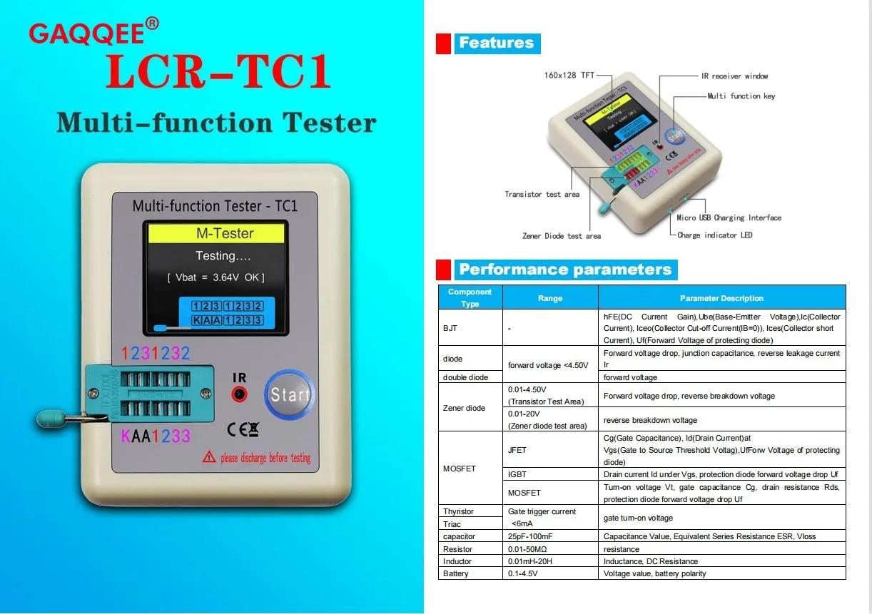 TESTEUR DE TRANSISTOR Affichage Couleur Pour Diode Triode MOSPNPNPN