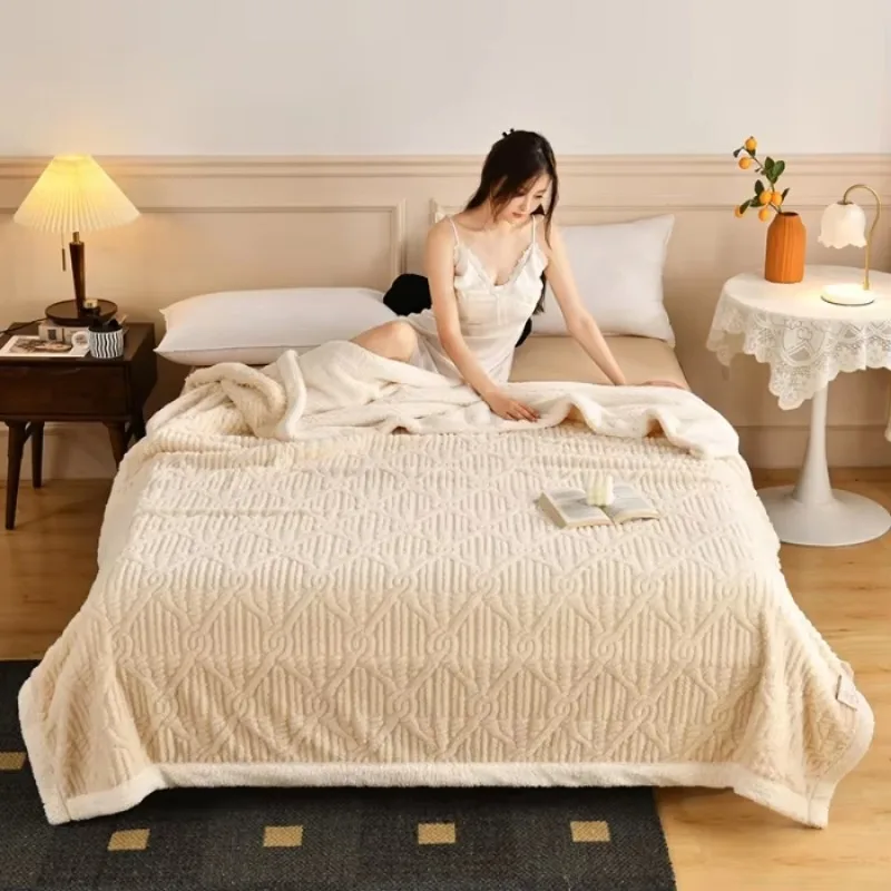 2024New Jacquard AB Edition Tafu Fleece Lamb Fleece Multi functional Blanket Double layer Thickened Office Napping Blanket Cover 4