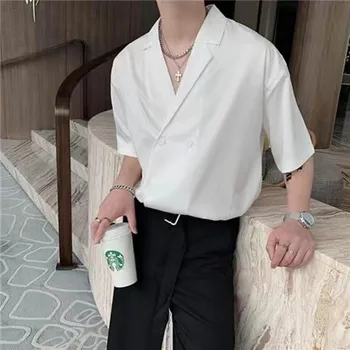 Camiseta con cuello de traje blanco negro para hombre camisetas de manga corta de tela de