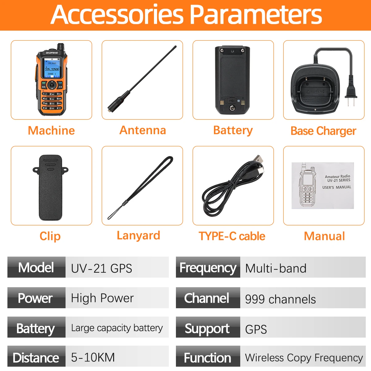 Baofeng UV-21 GPS Walkie Talkie 10W Full Band AM FM 999CH Long Range Waterproof Type-C Two Way Ham Radio Upgraded UV-17 PRO GPS 6