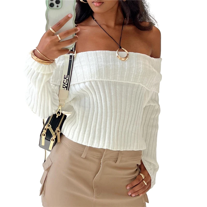

Off Shoulder Sweater for Women y2k Pullover Solid Color Long Sleeve Knitted Crop Top Fall Warm Knitwear 2000s Clothes Streetwear