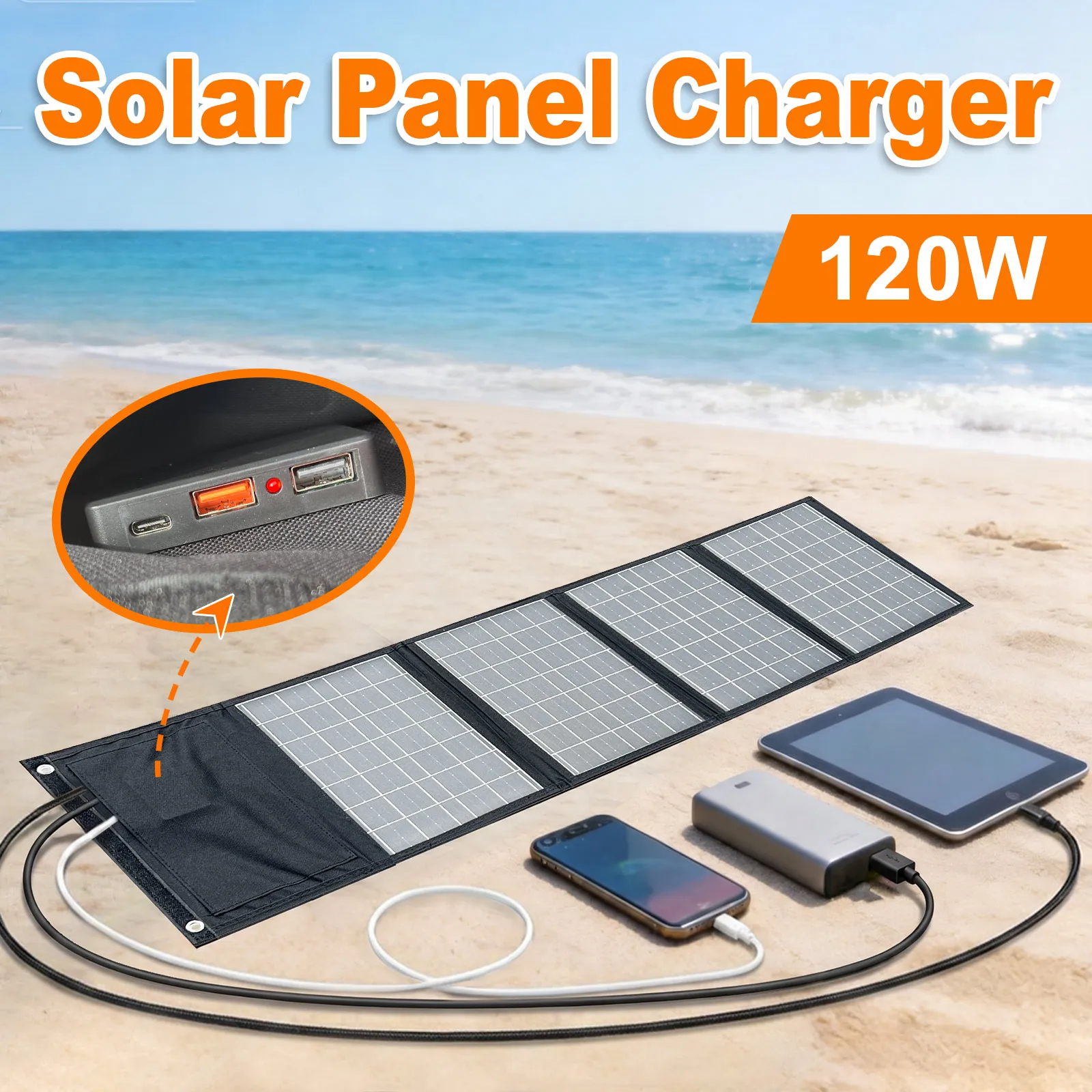 Chargeur solaire Leaorld 120W, chargeur solaire portable léger USB QC3.0 PD3.0 pour téléphone, camping, randonnée, voyage en plein air 1 Chargeur solaire Leaorld 120W, chargeur solaire portable léger USB QC3.0 PD3.0 pour téléphone, camping, randonnée, voyage en plein air 1