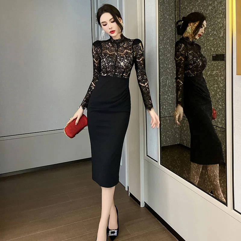 

2024 Spring Stand up Neck Lace Splice High Waist Wrap Hip Fake Two Piece Dress for Women 21074